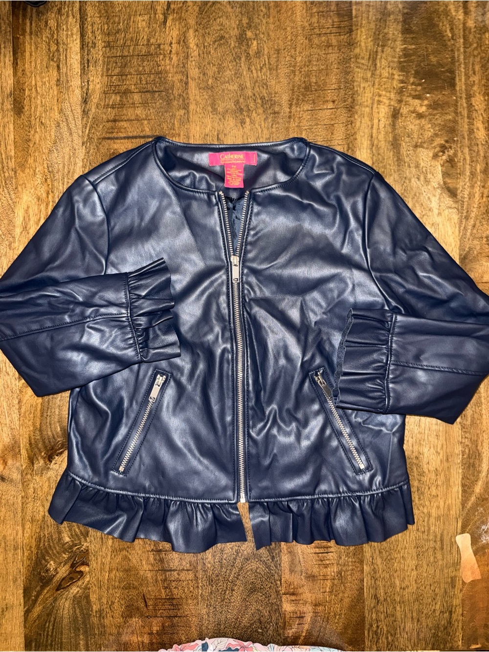 Catherine Malandrino Navy Faux Leather Ruffle Hem Jacket